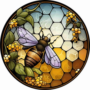 Round Faux Stained Glass Bee  Wreath Sign, Floral Wreath Sign, Personalize it by Pam, Door Decor, Signs for Wreaths