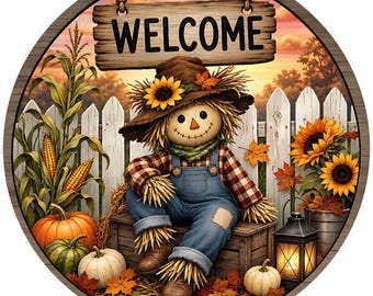 Round Fall  Scarecrow Wreath Sign, Fall  Wreath Sign, Fall Florals,Personalize it by Pam, Signs for Wreaths, Door Decor 2607263