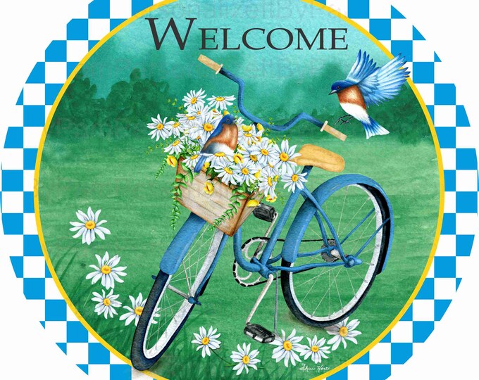 8 Round Bike Welcome Sign, Welcome Sign, Summer Wreath Sign, Bike ...