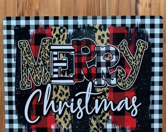 Buffalo Plaid Leopard Print Christmas Wreath Sign, Christmas Wreath Sign, Personalize it by Pam, Signs for Wreaths, Door Decor