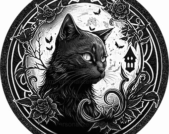 May include: Black and white illustration of a black cat with green eyes, set against a full moon with bats flying around it. The cat is surrounded by stylized floral designs and a small house with a roof.
