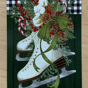 Gingham Christmas Cotton Wreath Sign,  Farmhouse Christmas Wreath Sign, Ice Skates Sign, Personalize it by Pam, Signs for wreaths