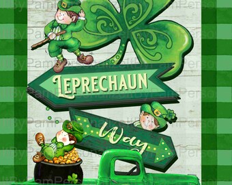 May include: A green vintage pickup truck with a Leprechaun Way sign and a pot of gold. The truck has a Happy St. Patrick's Day sticker on the side. The background is a green and white checkered pattern.