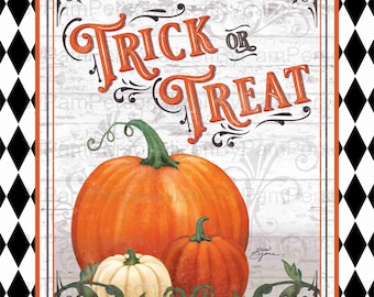 May include: A white wooden sign with a black and white checkered border. The sign says "Trick or Treat" in red and black lettering. There are three pumpkins in front of the sign, one large orange pumpkin and two smaller pumpkins, one orange and one white.