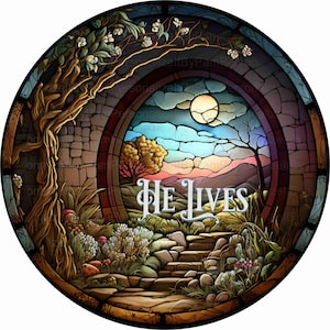 Round Faux Stained Glass Easter Wreath Sign, Empty Tomb Wreath Sign, Personalize it by Pam, Door Decor, Signs for Wreaths