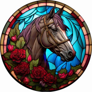 Round Faux Stained Glass Race Horse Wreath Sign, Metal Wreath Sign, Personalize it by Pam, Signs for Wreath, Door Decor
