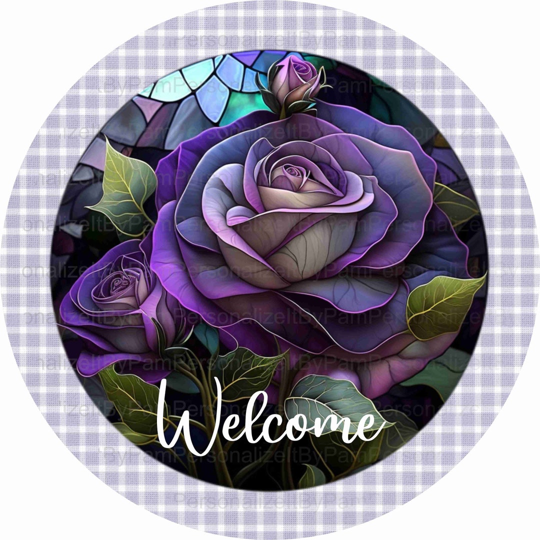 Round Faux Stained Glass Purple Rose Wreath Sign, Floral Wreath