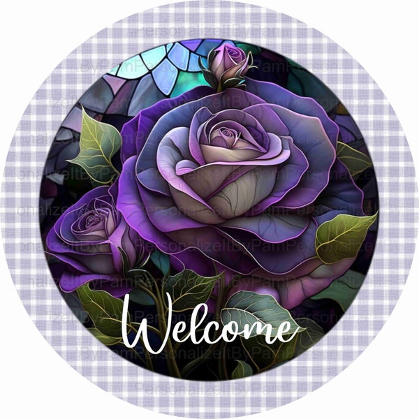 Round Faux Stained Glass Purple Rose Welcome  Wreath Sign, Floral Wreath Sign, Personalize it by Pam, Door Decor, Signs for Wreaths