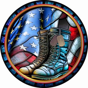 Round Faux Stained Glass Patriotic American Flag and Military Boots Wreath Sign, UV Metal Wreath Sign Patriotic  Sign, Personalize it by Pam