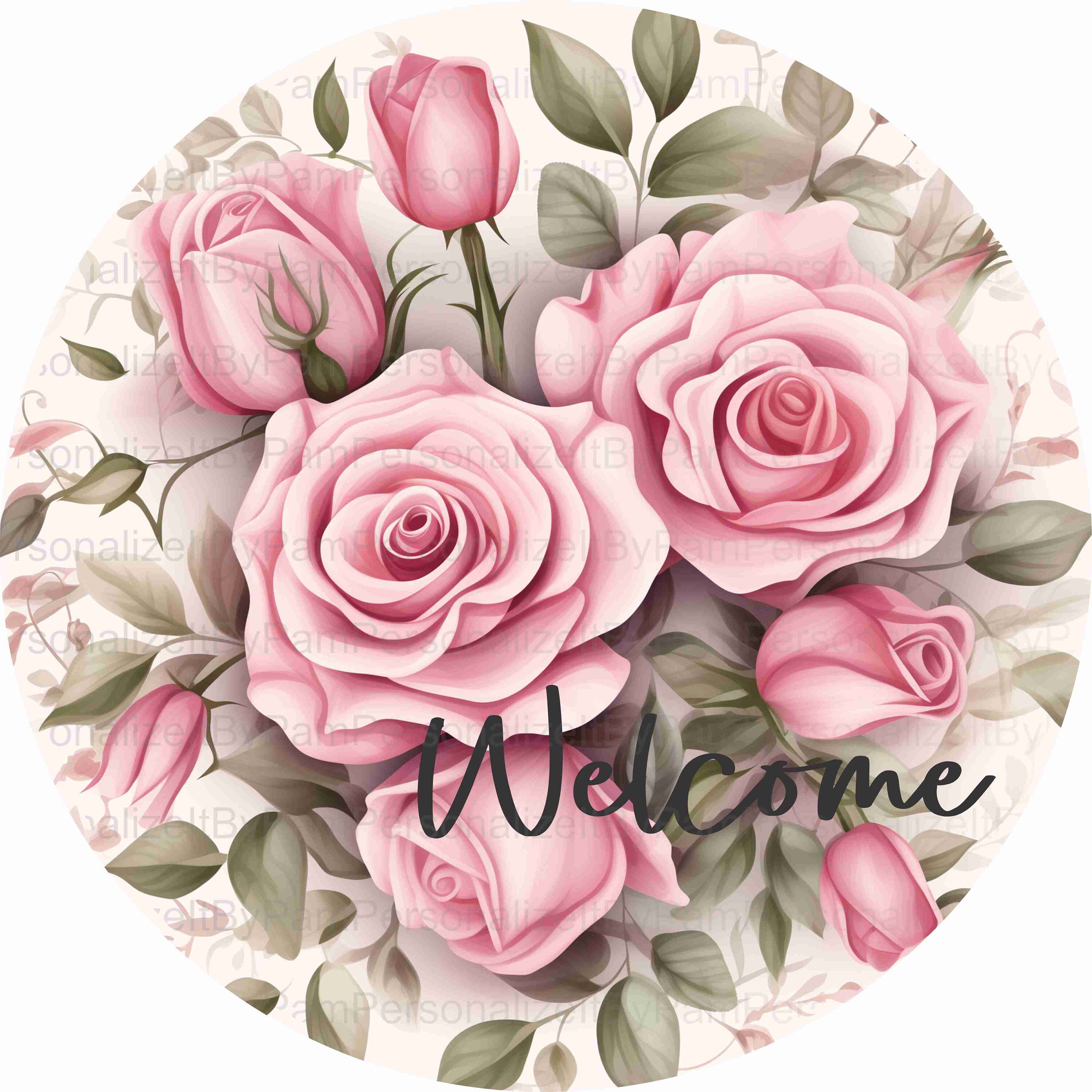 Round Pink Roses Welcome Wreath Sign, Floral Wreath Sign, Personalize ...