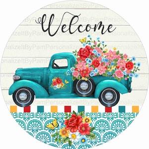 10" Round Summer Wreath Sign, Flower Truck  Sign, Wreath Signs, Personalize it by Pam