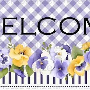 May include: A welcome doormat with a purple and white gingham pattern and the word "WELCOME" in black lettering. The bottom of the doormat is decorated with a row of purple, yellow, and white pansies.