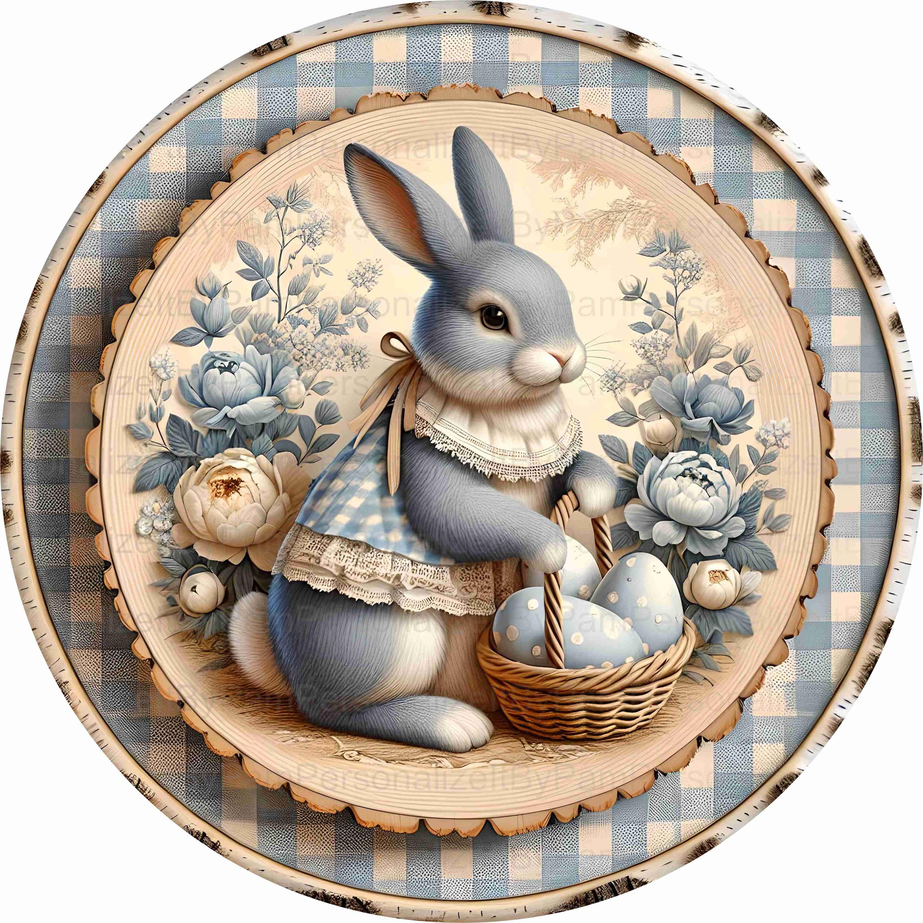 Easter Rabbit Round Round Blue Rabbit Easter Wreath Sign, UV Protected Metal Wreath Sign ...