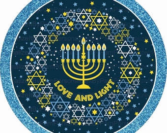 May include: A blue and gold round sticker with a menorah and the words "Love and Light" surrounded by a wreath of blue and gold Stars of David.