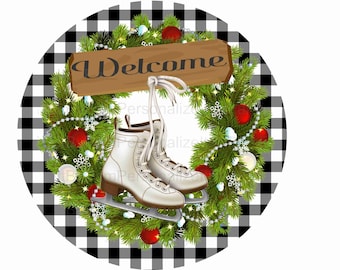 8" Round  Welcome Wreath Sign, Ice Skates and Sledding  Wreath Sign, Personalize it by Pam, Signs for Wreaths, Door Decor