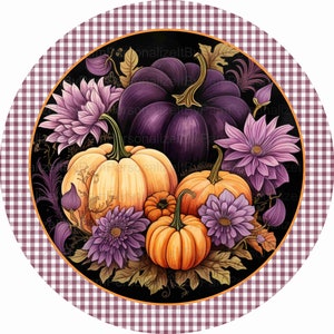 Round Fall  Wreath Sign, Fall Wreath Sign, Purple and Orange Pumpkins,Personalize it by Pam, Signs for Wreaths, Door Decor 23070115