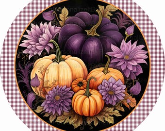 Round Fall  Wreath Sign, Fall Wreath Sign, Purple and Orange Pumpkins,Personalize it by Pam, Signs for Wreaths, Door Decor 23070115