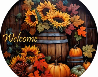 Round Fall  Sunflower & Pumpkins Welcome Wreath Sign, Fall Wreath Signs, Personalize it by Pam, Signs for Wreaths, Door Decor 2309103