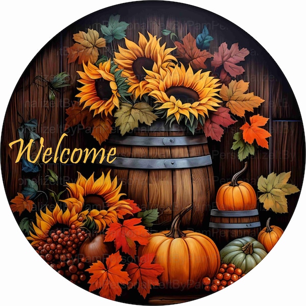 Round Fall  Sunflower & Pumpkins Welcome Wreath Sign, Fall Wreath Signs, Personalize it by Pam, Signs for Wreaths, Door Decor 2309103