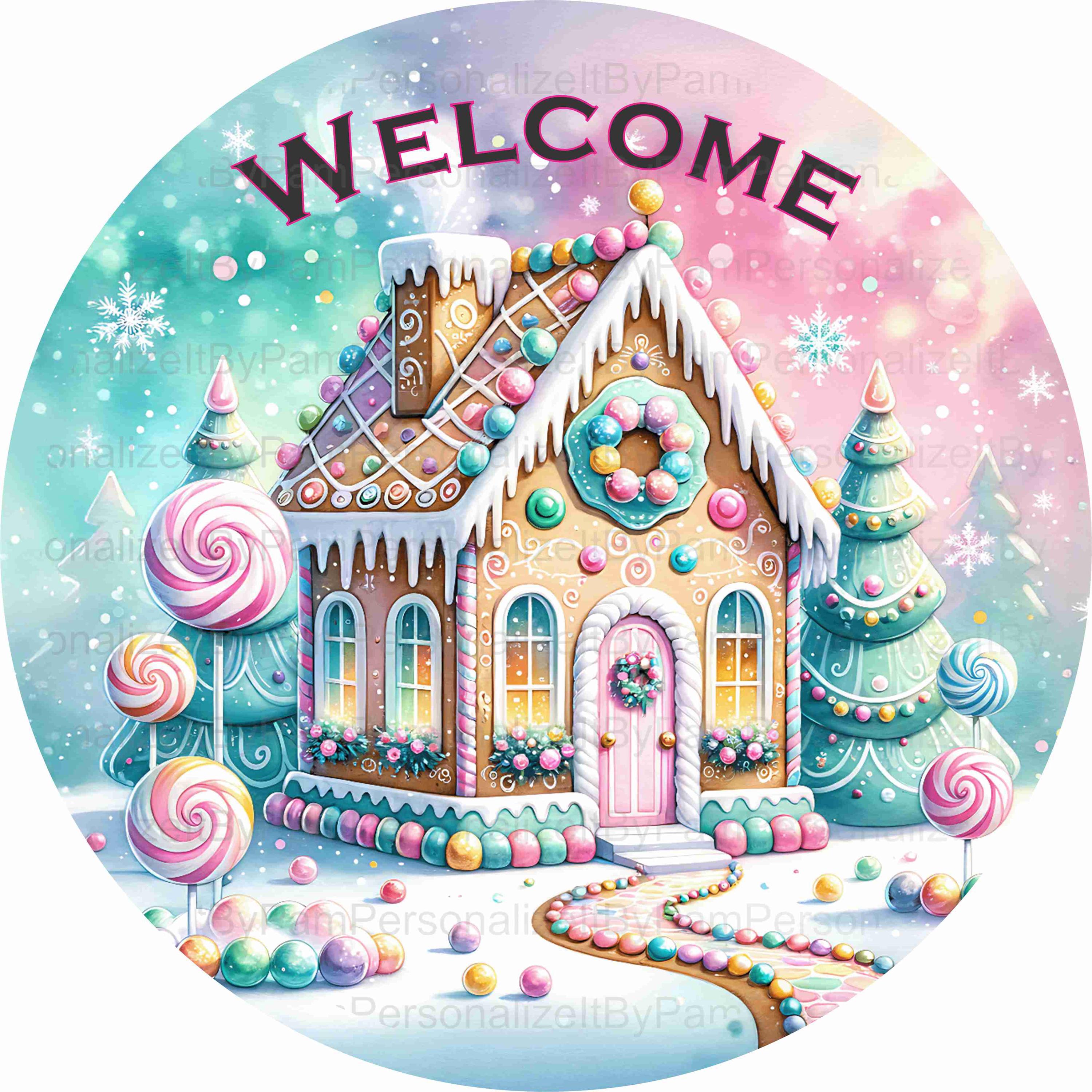 Round Pastel Gingerbread House Welcome Wreath Sign, UV Protected Metal ...
