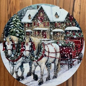 Round  Christmas Horses & Carriage Design  Wreath Sign, UV Protected Metal Wreath Sign, Personalize it by Pam, Signs for Wreaths 2309216