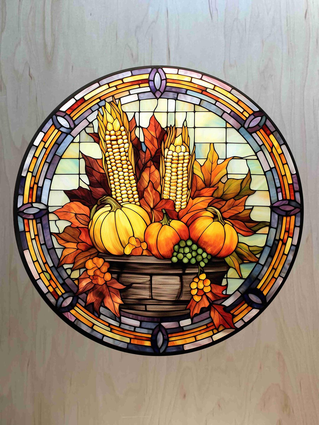 Round Faux Stained Glass Fall Wreath Sign, Happy Fall Wreath Sign ...