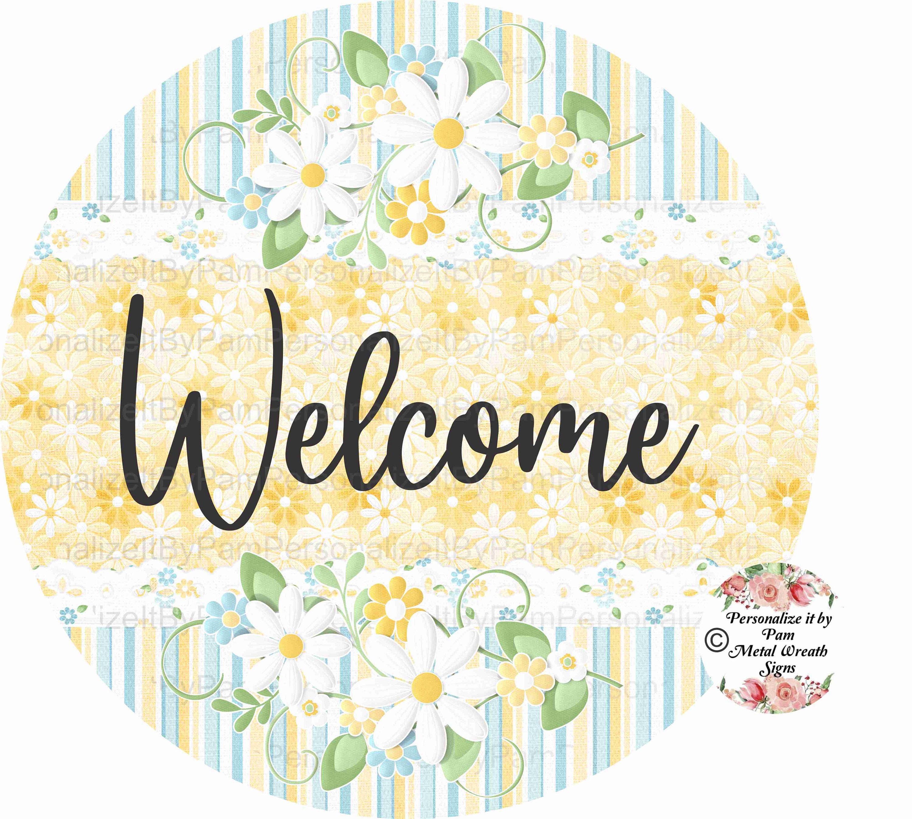 Watercolor Welcome Floral Round Aluminum Sign Welcome--Wreath Attachment Aluminum Sign
