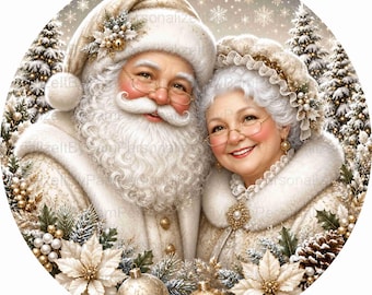 Round  Gold Santa and Mrs. Claus Wreath Sign, UV Wreath Sign,  Santa Wreath  Sign, Personalize it by Pam, Wreath Signs, 26072811