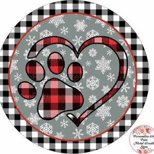 8" Round Buffalo Plaid Paw Print Wreath Sign, Personalize it by Pam, Wreath Signs, Door Decor