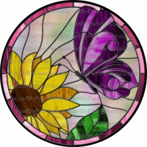 11.75&quot; Round Faux Stained Glass Butterfly Wreath Sign, Welcome Wreath Sign, Personalize it by Pam, Door Decor, Signs for Wreaths