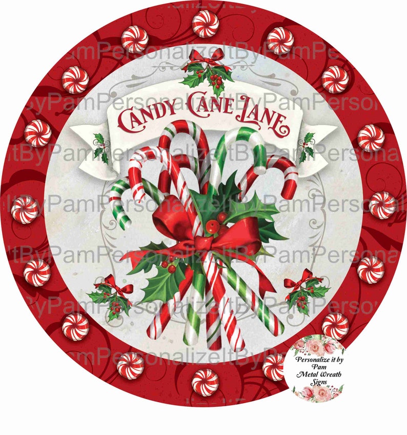 Christmas Wreath Sign Personalize it by Pam Wreath Signs 11.75 Round Christmas Candy Cane Lane Sign