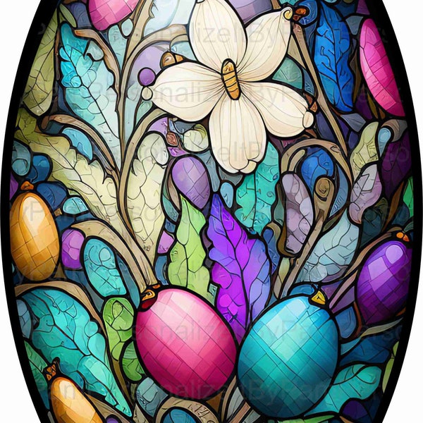7" x 12" Oval Faux Stained Glass Easter Wreath Sign, Easter Wreath Sign, UV Metal Sign, Personalize it by Pam, Door Decor