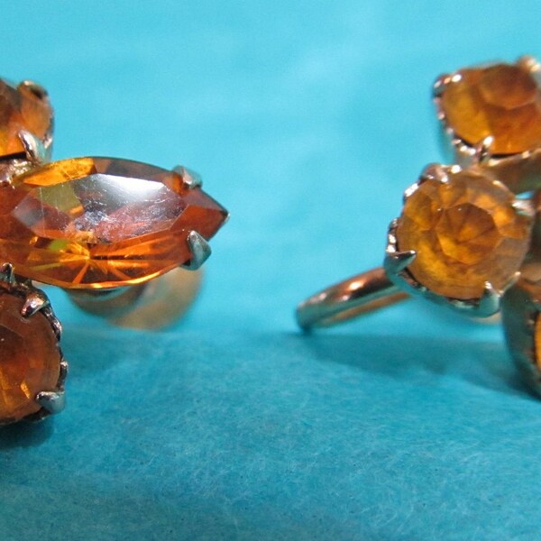 Gift idea; Coro amber rhinestone earrings; four topaz rhinestones; November birthstone; screw back earrings from 1930