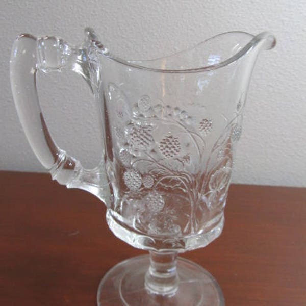 Small pitcher; decorative grapes and strawberries design cream, syrup, juice or milk glass pitcher; clear glass handle; small pitcher 1960's