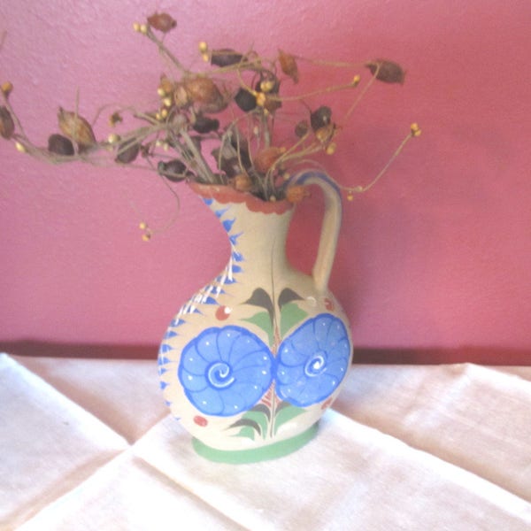 Unglazed pottery; Southwestern theme; bright turquoise and beige pitcher made in Mexico; vintage vase; 1940's