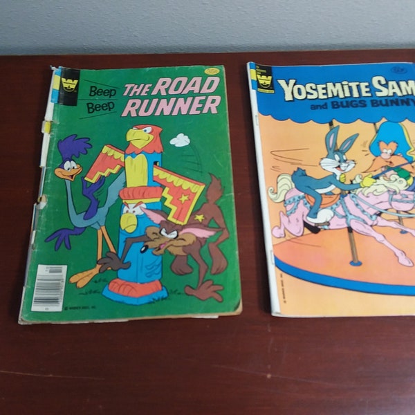 Vintage comic books;  The Road Runner and Yosemite Sam and Bugs Bunny; Whitman Gold Key Books; Warner Bros, Inc.; 1978 and 1981; kids gifts