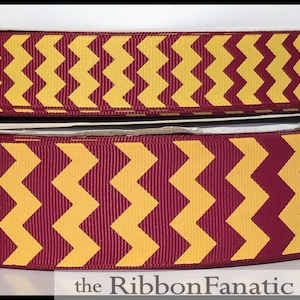 5 yds 3/8&quot; or 7/8&quot; or 1.5&quot; Maroon with Yellow Gold Chevron Striped Grosgrain Ribbon