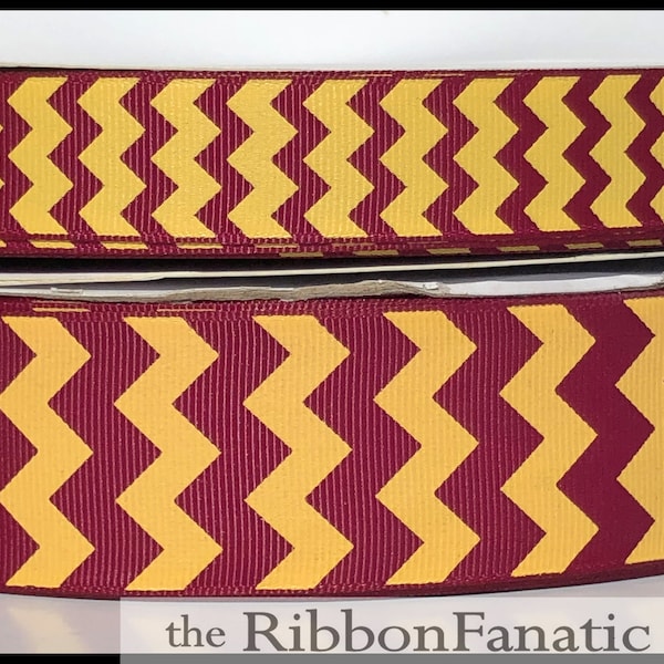 5 yds 3/8" or 7/8" or 1.5" Maroon with Yellow Gold Chevron Striped Grosgrain Ribbon