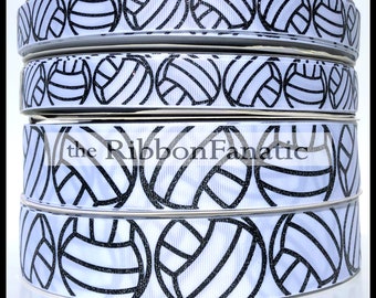May include: Stack of white ribbon spools with a black volleyball design. The text "the Ribbon Fanatic" is printed on one of the spools. The word "GLITTER!" is printed at the bottom of the image.