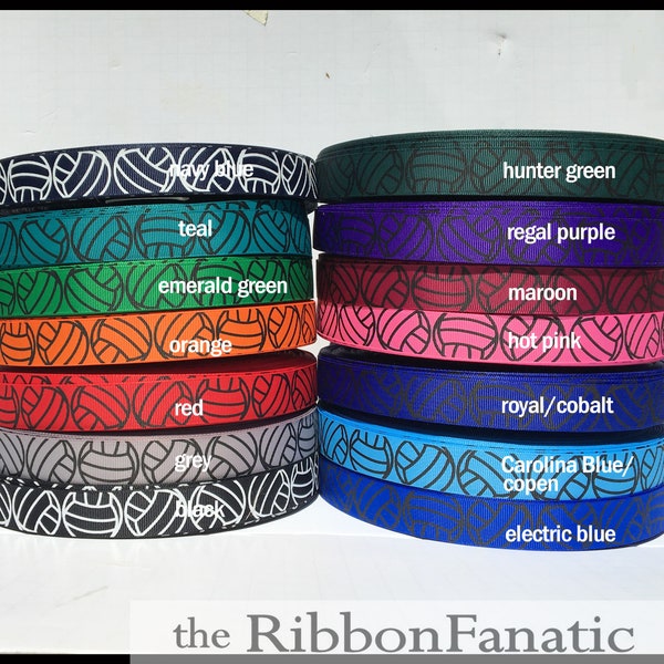 5 yds 7/8" Volleyball  14 RIBBON COLORS Red Navy Black White Grey Orange Royal Blue Hot Pink Hunter Teal Red Purple Maroon Grosgrain Ribbon