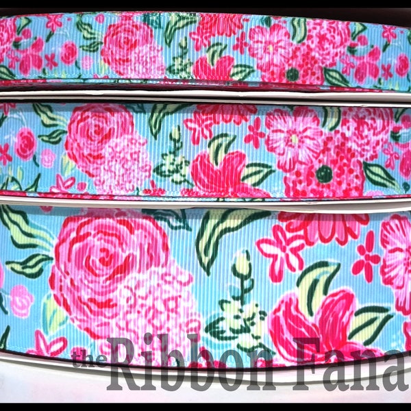 5yds 5/8" or 7/8" or 1.5" Pink Roses Lilies Peonies on Blue Background Palm Beach Style Grosgrain Ribbon