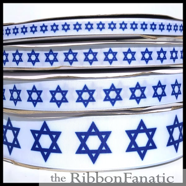 5 yds 3/8" or  5/8" or 7/8" or 1.5" Hanukkah Blue White Star of David Jewish Holiday Grosgrain Ribbon