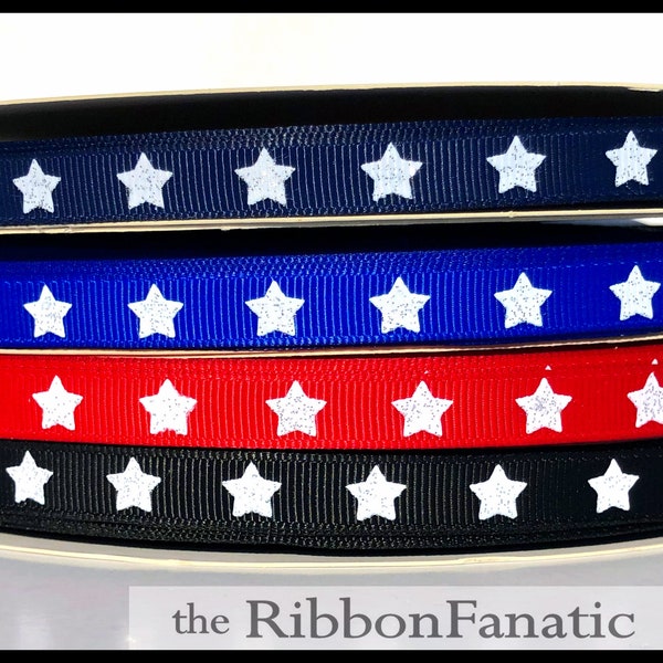 5 yds 3/8" White Glitter Stars 4 Ribbon Colors Black Red Royal Blue Navy Blue Grosgrain Ribbon