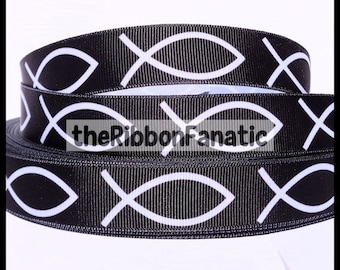 5 yds 5/8" or 7/8" Christian Jesus Fish Ichthys  Black and White Grosgrain Ribbon