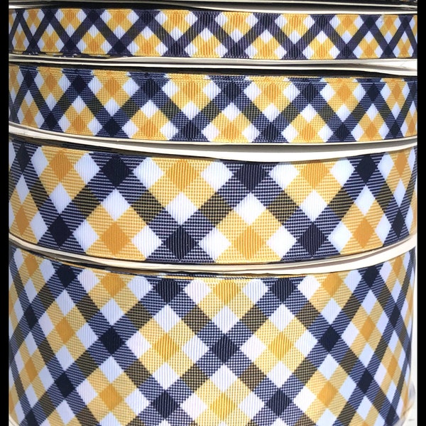 5 yds or 3yds  Navy & Yellow Gold Plaid 5 Sizes 3/8" 5/8" 7/8" 1.5" or 3" Grosgrain Ribbon