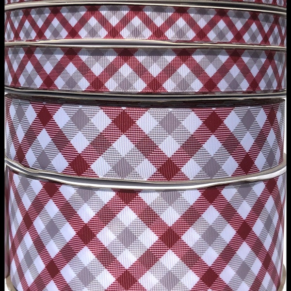 5 yds or 3yds  3/8"or 5/8" or 7/8" or 1.5" or 3"  Maroon and Gray White Plaid Grosgrain Ribbon