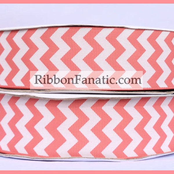 5 yds 1.5" Coral with White Chevron Grosgrain Ribbon