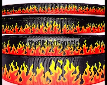 5 yds or 3 yds 3/8&quot;  5/8&quot;  7/8&quot;  1.5&quot; or 2.25&quot; Flames Fire Red Orange Yellow Red Hot on Black Grosgrain Ribbon