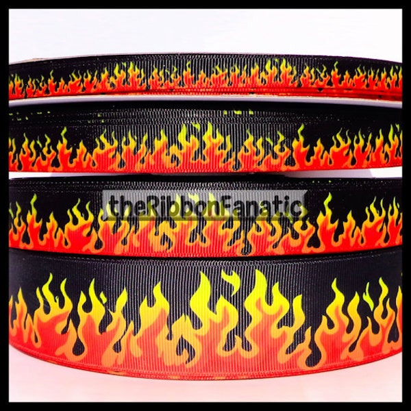 5 yds or 3 yds 3/8"  5/8"  7/8"  1.5" or 2.25" Flames Fire Red Orange Yellow Red Hot on Black Grosgrain Ribbon