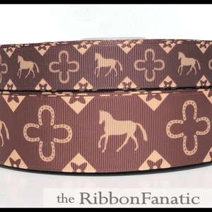 5 yds 7/8&quot; or 1.5&quot;  Luxe Equestrian Brown Tan Horse Horseshoes   Grosgrain Ribbon